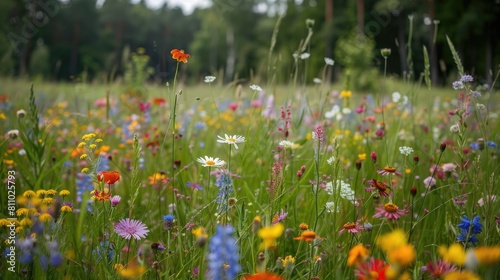 During Latvia s enchanting midsummer solstice a captivating wild meadow bursts with vibrant colorful flowers creating a dreamy scene in the countryside Native plants thrive in this natural 