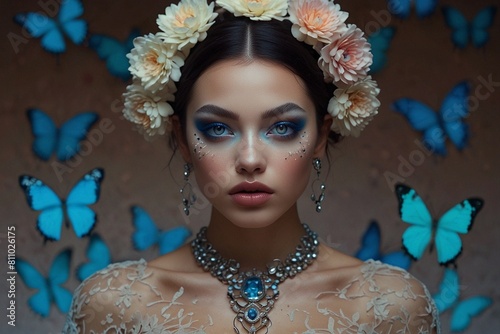 Blue Dream Portrait of an Elegant Girl, Painted and Surrounded by Butterflies photo