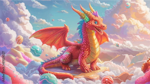 A giggling dragon in a candy land. Children book illustration or book cover template with beautiful scenery 
