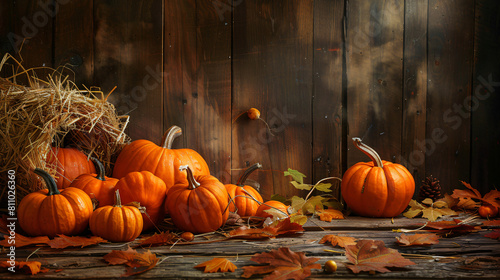 Beautiful table Fourting with pumpkins on wooden background