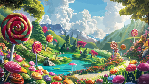 Candy land landscape for children book illustration or book cover template with beautiful scenery