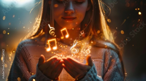 Portrait of a beautiful woman with long blond hair and blue eyes, holding glowing orange musical notes in her cupped hands, with a blurred background.