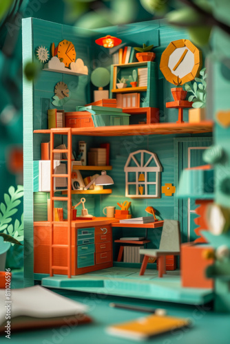 Colorful 3D paper cut showcasing office environment with creative business ideas