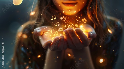 A girl holds glowing orange musical notes in her hands photo