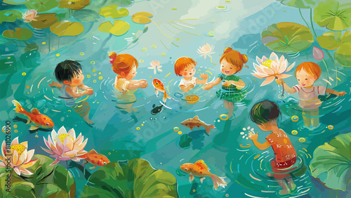 children playing with colorful fish. Children book illustration or book cover template with beautiful scenery 
