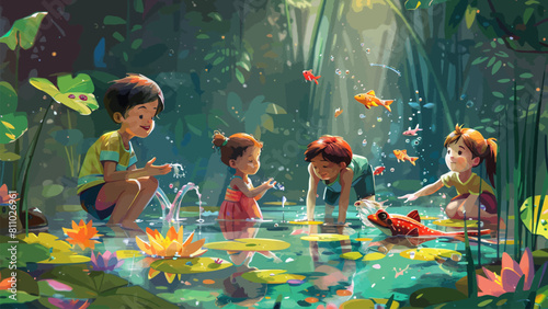 children playing with colorful fish. Children book illustration or book cover template with beautiful scenery 
