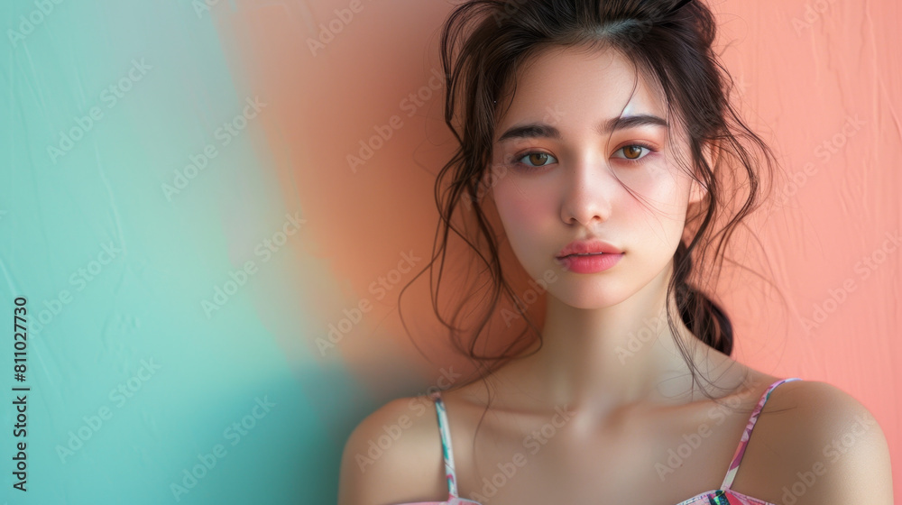 Portrait of a female in casual dress against a soft pastel backdrop Portrait of a female in casual dress against a soft pastel backdrop