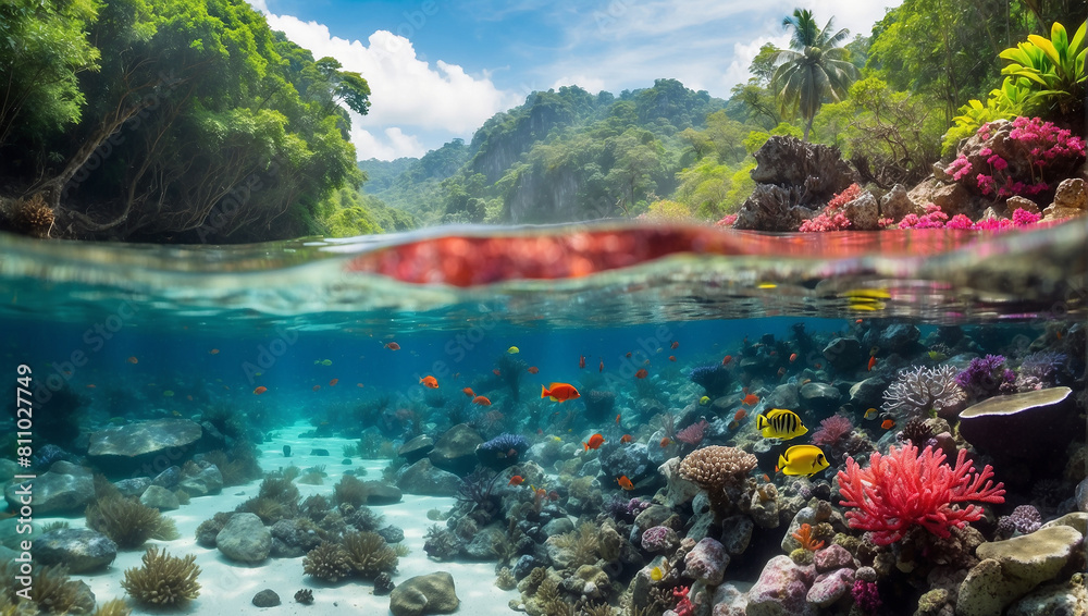 This is a beautiful split-level image of a coral reef.