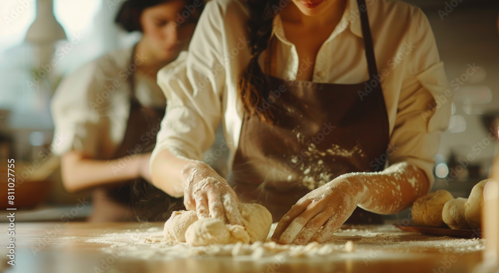 A woman in an apron kneading dough on the table, with her hands covered by flour and she is looking at it intently, while behind him there's another person making bread in the background