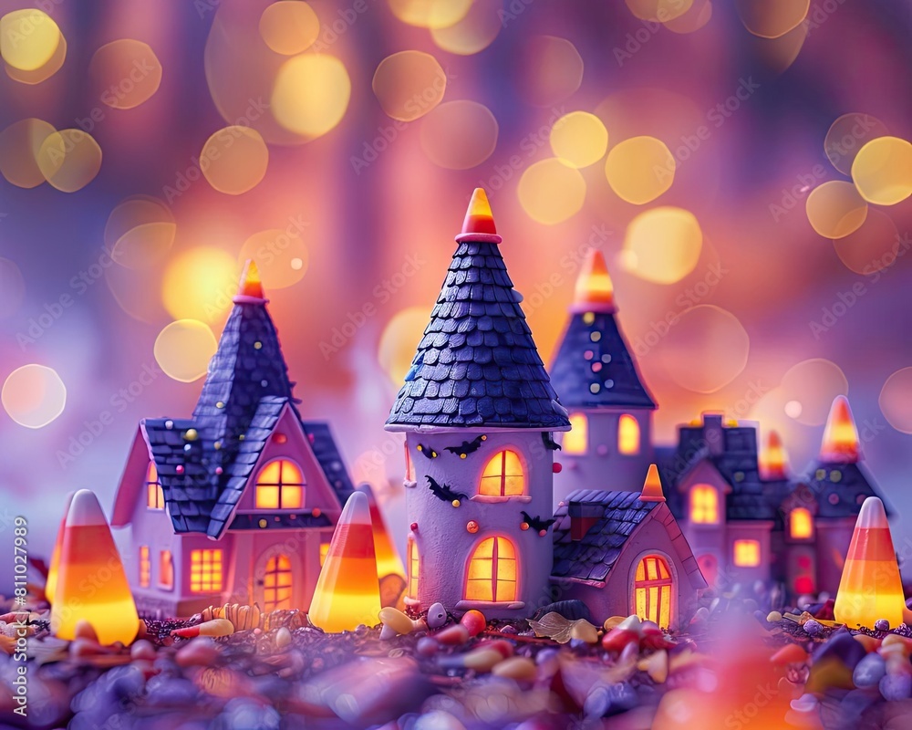 Obraz premium Dreamy pastel Halloween backdrop featuring candy corn and miniature haunted houses.