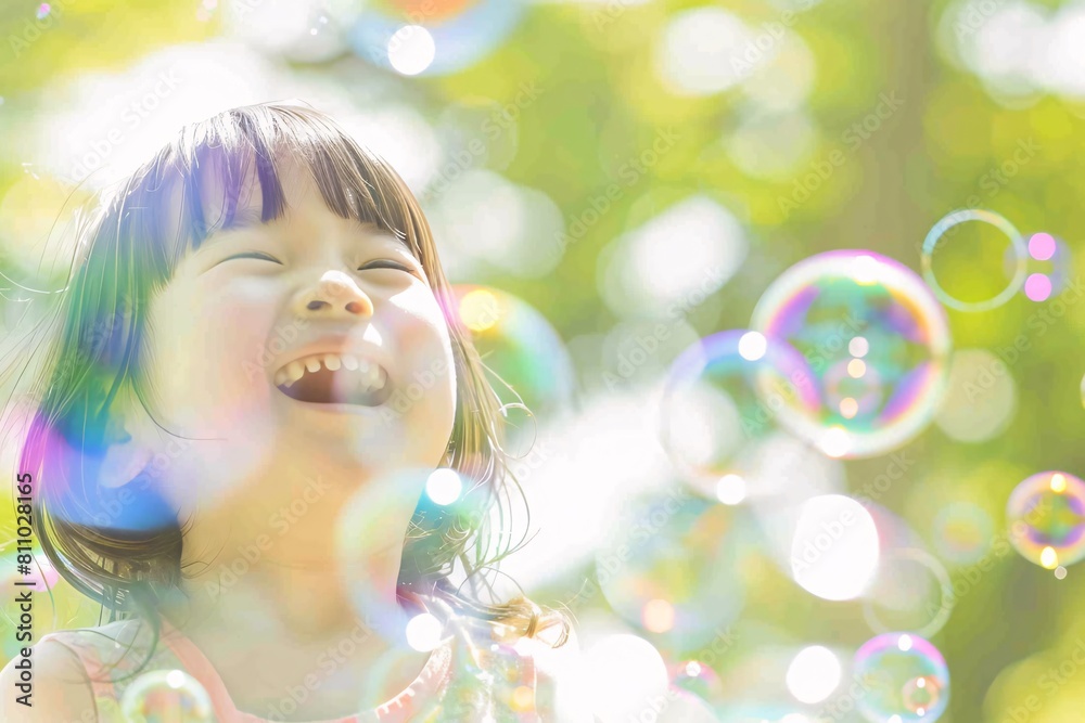 A child laughing joyously while blowing colorful bubbles in a sunny park, with the park scenery softly blurred A child laughing joyously while blowing colorful bubbles in a sunny park, with the park scenery softly blurred
