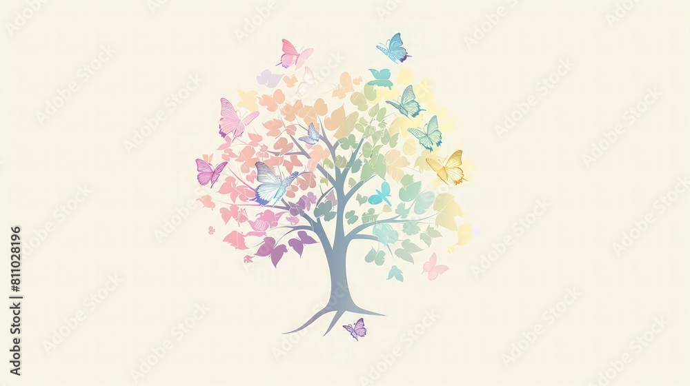 A vibrant abstract floral tree, its branches stylized with vivid, colorful blooms in shades of pink, blue, and yellow, interspersed with a multitude of colorful butterflies fluttering around. A vibrant abstract floral tree, its branches stylized with vivid, colorful blooms in shades of pink, blue, and yellow, interspersed with a multitude of colorful butterflies fluttering around.
