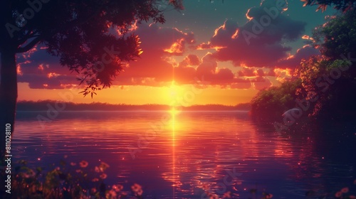 .A captivating summer wallpaper of a breathtaking sunset over a calm lake in the sky and reflection in water. skyline, scenery, natural, sunlight river, summer, silhouette, orange, early morning . photo