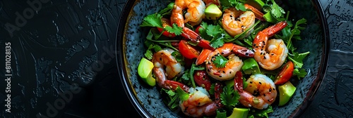 Fresh Avocado shrimp salad with lime cilantro dressing, realistic food banner, top view with copy space