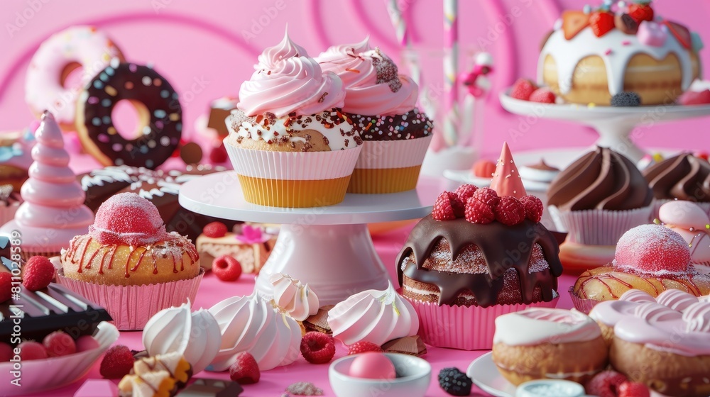 Indulgent sugary treats like donuts cake cupcakes chocolate goodies tarts and ice cream showcased against a vibrant pink backdrop in a lifelike 3D render