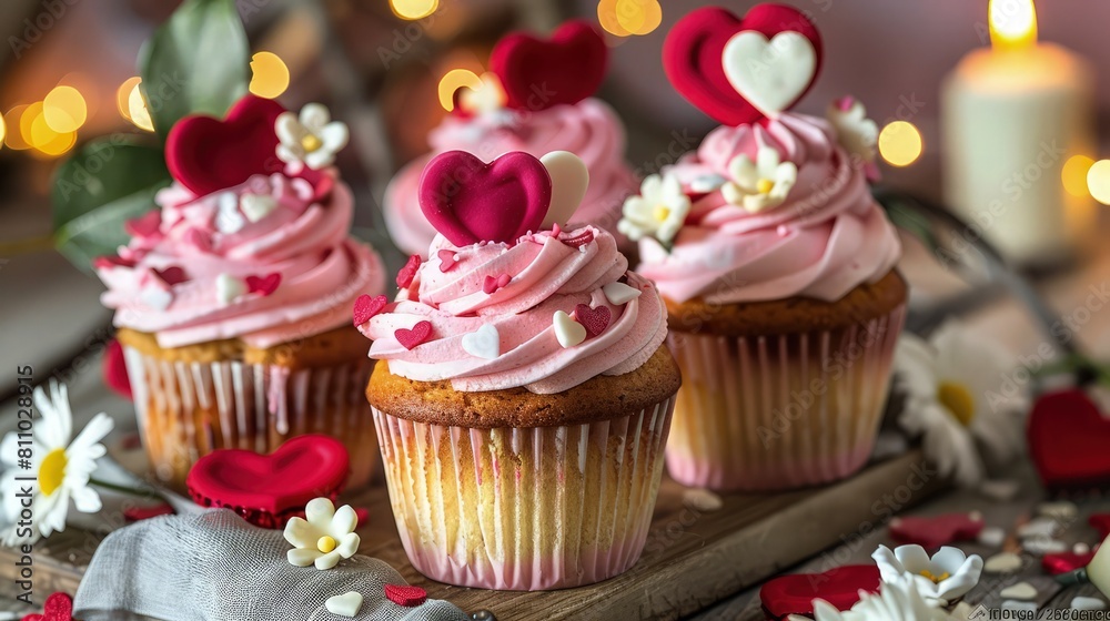 A visually appealing display of cupcakes adorned with pristine whipped cream and vibrant red hearts, presented on a classic white background. A visually appealing display of cupcakes adorned with pristine whipped cream and vibrant red hearts, presented on a classic white background.