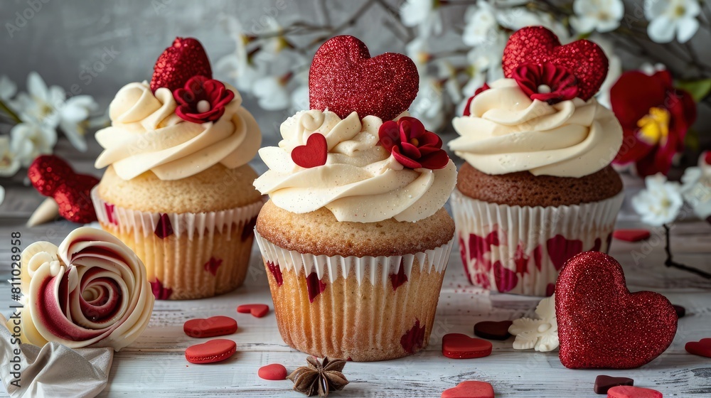 A realistic image of delicious cupcakes topped with fluffy whipped cream and small red hearts, set against a pastel pink background.