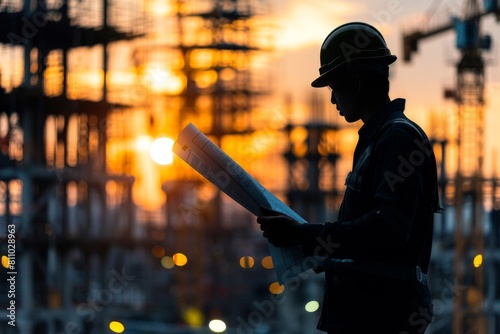 A lone silhouette of an engineer examining blueprints with a backdrop of cranes and scaffolding in the distance , abstract  , background photo