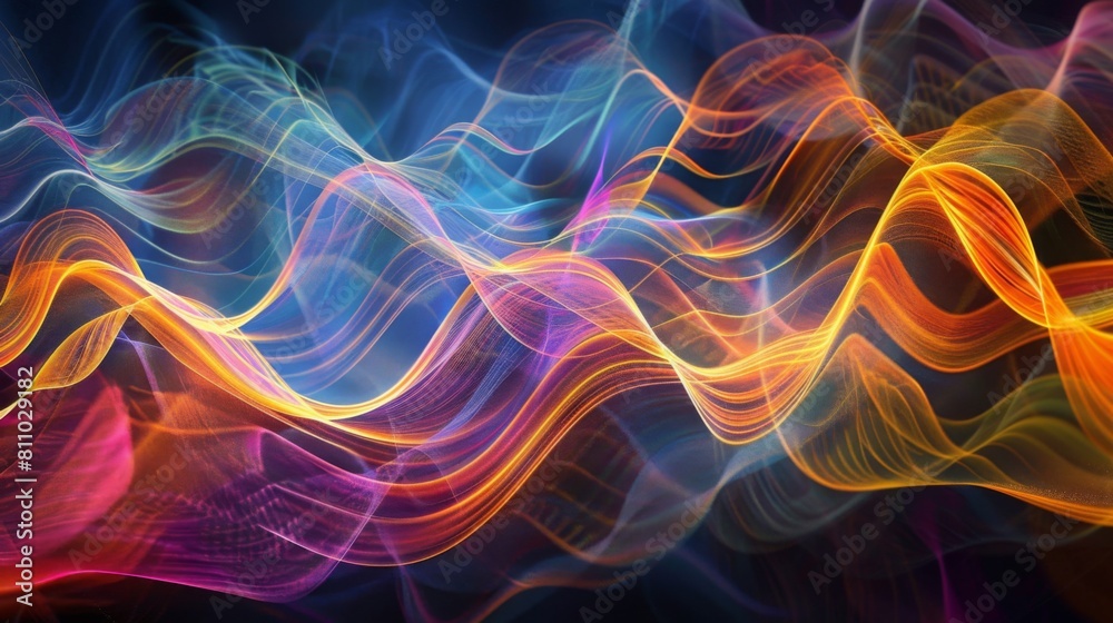 A colorful wave of light with varying hues and intensities, creating a mesmerizing visual impact against a pitch-black backdrop. A colorful wave of light with varying hues and intensities, creating a mesmerizing visual impact against a pitch-black backdrop.