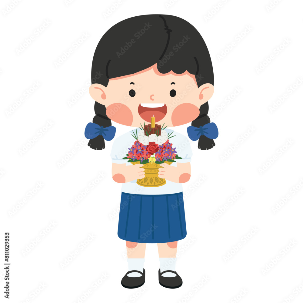 Girl Thai Student with Flower tray for Teacher day Girl Thai Student with Flower tray for Teacher day