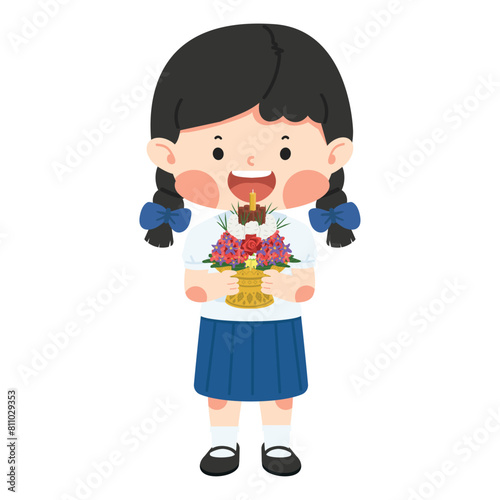 Girl Thai Student with Flower tray for Teacher day