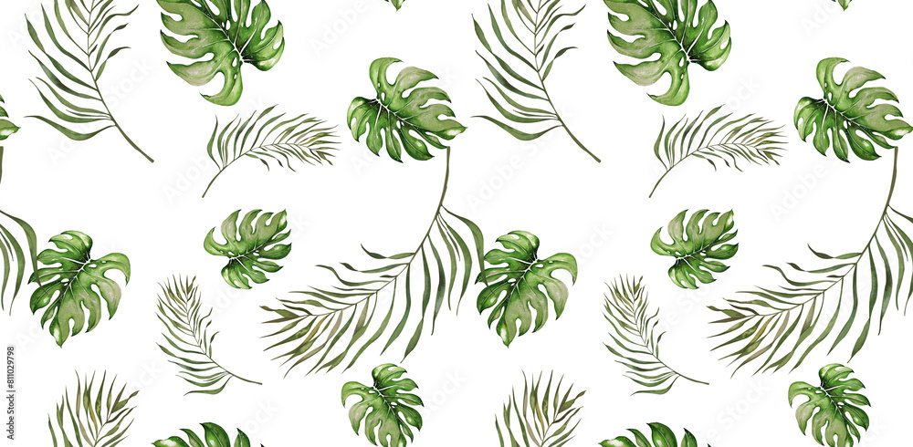 Bright Seamless Pattern. Green Tropical Leaves Monstera and Palm Trees. Exotic Beach Holiday. For Wallpaper, Wrapping Paper, Websites, Summer Accessories, Textiles, Postcards, Business cards