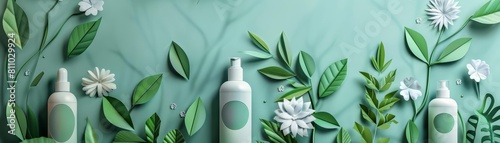 3D product display background showcasing organic skincare products, decorated with green leaves and flowers, in paper art styles photo