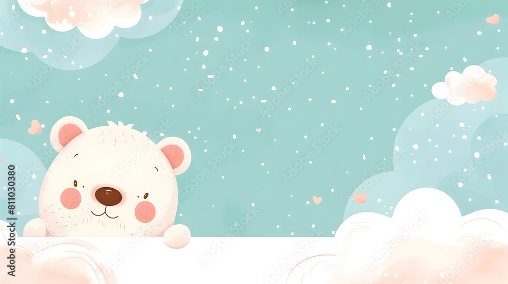 Cute Fluffy White Polar Bear Sitting in Snowy Winter Landscape with Whimsical Clouds and Icy Background Cute Fluffy White Polar Bear Sitting in Snowy Winter Landscape with Whimsical Clouds and Icy Background