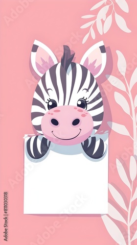 Cute Cartoon Zebra in Pink Floral Frame