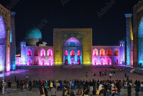 Light show on the facades of the madrassahs of the Registan Square in Samarkand, Uzbekistan photo