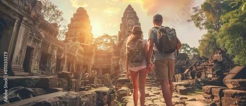 A budget travelthemed photo with backpackers exploring ancient ruins, ideal for promoting adventurous and cultural immersion experiences photo