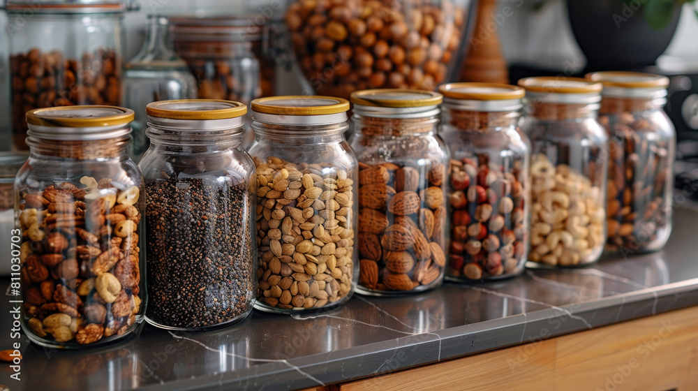 glass jars filled with a variety of nuts and dried fruits sit on a kitchen counter, showcasing an organic and natural food theme glass jars filled with a variety of nuts and dried fruits sit on a kitchen counter, showcasing an organic and natural food theme