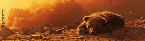 A child s teddy bear lies face down in the dust of an evacuated city, its color washed out by the relentless glare of an unforgiving, fiery orange sun