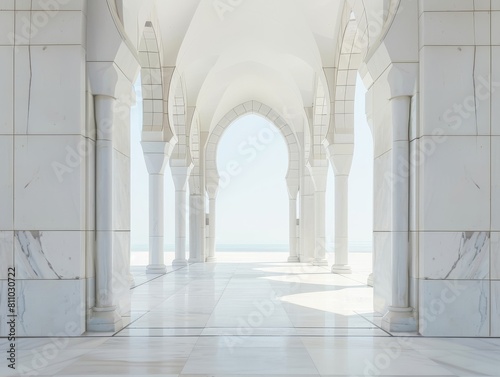 Minimalist arch framing a cathedral view white marble walkway lined with poles