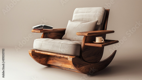 Rocking chair with a side table attached, perfect for holding a book or a cup of tea.