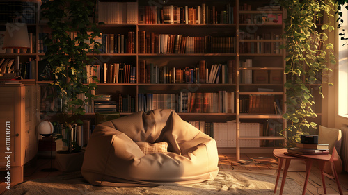 A beanbag chair nestled in a cozy reading nook with a bookshelf as the backdrop