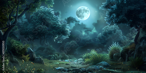 Surreal night forest scene illustration with a glorious blue colour moon lookin too attractive
 photo