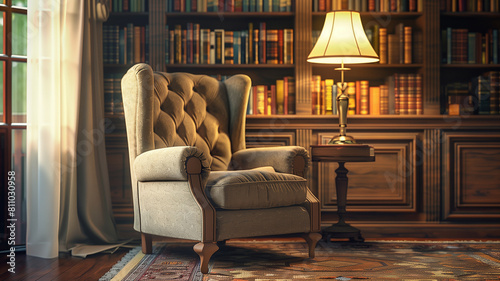A comfortable armchair positioned next to a reading lamp in a cozy library corner. © Tahir