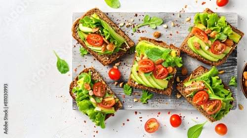 Board with tasty avocado sandwiches on white background