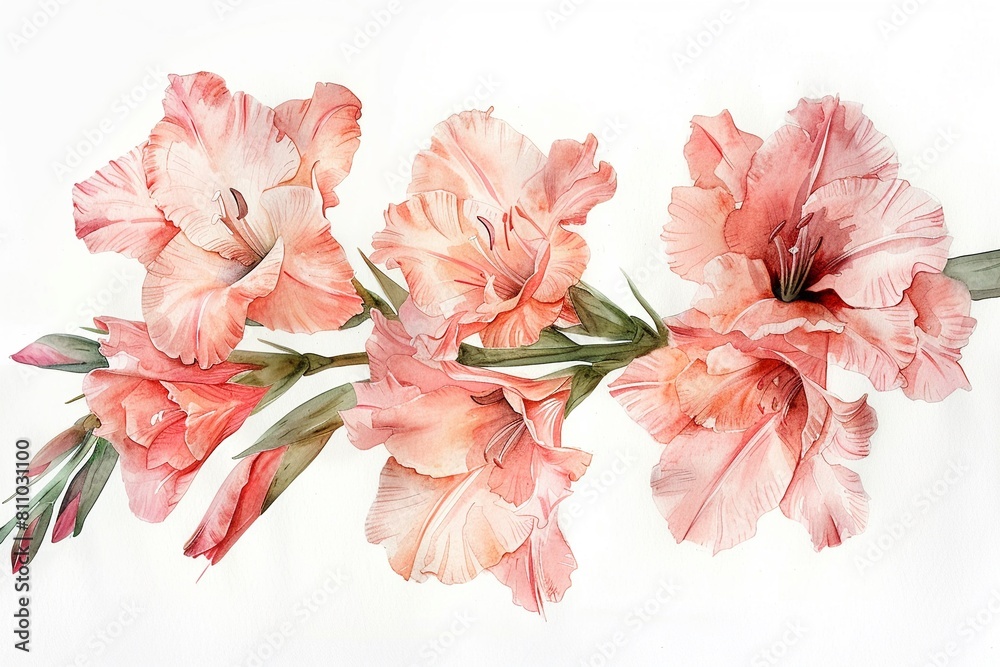 Watercolor hand drawn Gladiolus flowers, pastel tones, serene nature concept, elegantly placed on a white background Watercolor hand drawn Gladiolus flowers, pastel tones, serene nature concept, elegantly placed on a white background