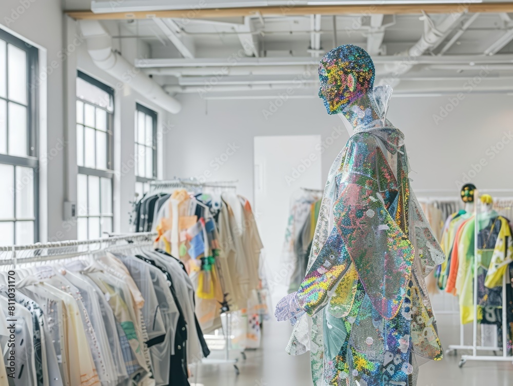 A fashion designer in a sleek studio crafts clothing that changes color and pattern with the weather