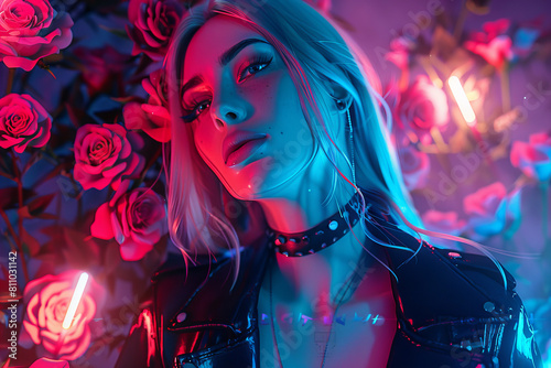 Neon Rose A portrait of a woman in a leather jacket, surrounded by roses and neon lights. Symbolizes modern style, boldness, and originality. Perfect for campaigns focused on fashion, music