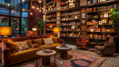  A hotel lobby with a library wall filled with vintage books and comfortable reading nooks