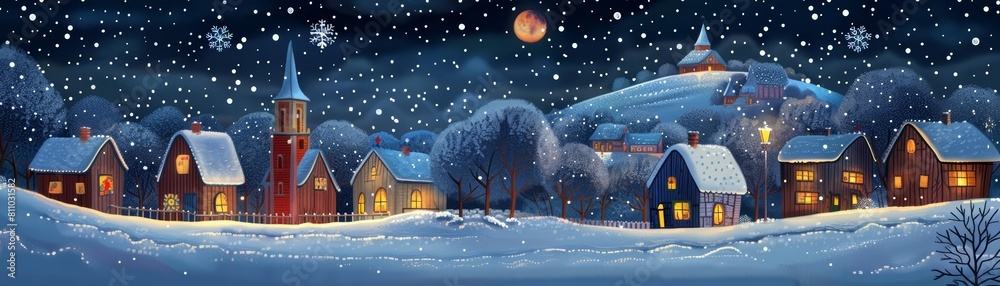 A quiet winter night in a small village, rendered in a folk art style with a snowy border for a holiday message