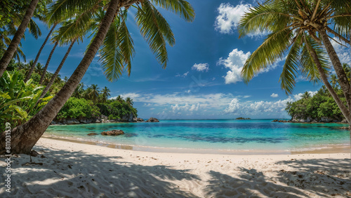 Spiaggia con sabbia bianca di un'isola di un atollo tropicale in mezzo all'oceano una foresta di palme rigogliose photo