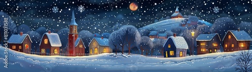 A quiet winter night in a small village, rendered in a folk art style with a snowy border for a holiday message