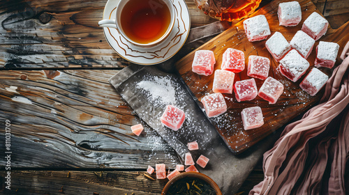 Board with Turkish delight and cup of tea on wooden background photo