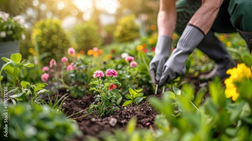 A serene image of a gardener planting flowers in a lush garden, suitable for gardening equipment ads with a clear area for text photo
