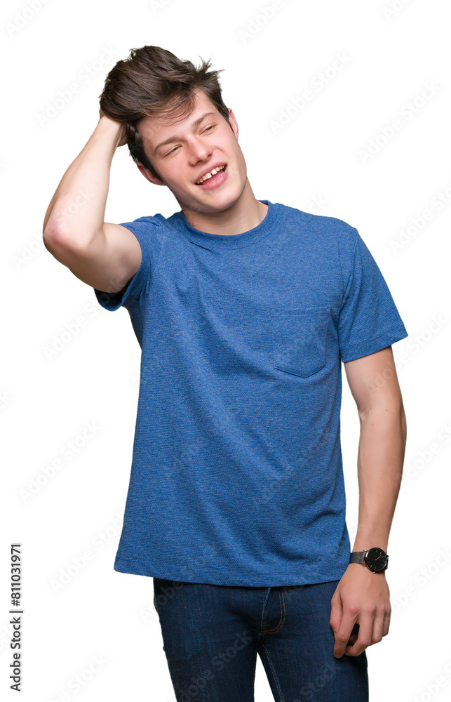 Young handsome man wearing blue t-shirt over isolated background Smiling confident touching hair with hand up gesture, posing attractive Young handsome man wearing blue t-shirt over isolated background Smiling confident touching hair with hand up gesture, posing attractive