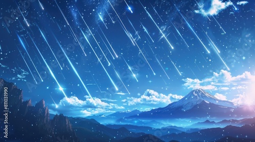 During a meteor shower in broad daylight dazzling meteorites streak across a flawless blue sky creating a breathtaking display of starfall illuminated by the sun